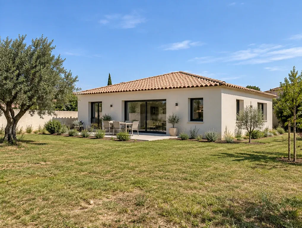 Maison de plain-pied enduite en blanc, toit de tuiles, terrasse et jardin en herbe, avec un olivier au premier plan
