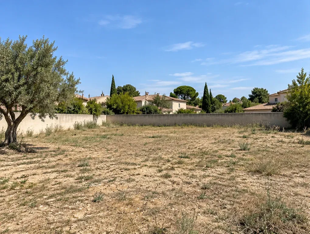 Terrain nu en herbe sèche, entouré d'un mur enduit, avec un olivier au premier plan