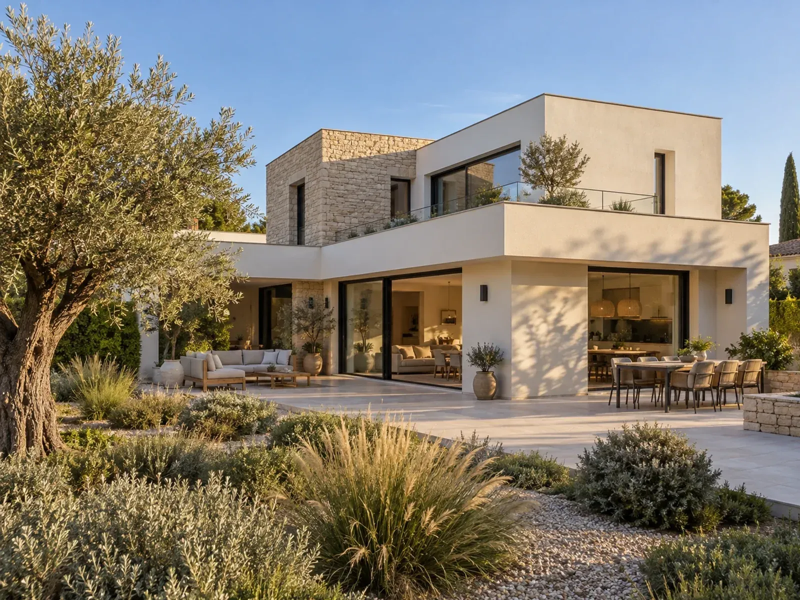 Maison contemporaine à toit plat, façade enduite et mur en pierre, avec terrasse et jardin méditerranéen